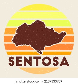 Sentosa logo. Sign with the map of the island and colored stripes, vector illustration. Can be used as insignia, logotype, label, sticker or badge of Sentosa.