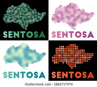 Sentosa map. Collection of maps of Sentosa in dotted style. Borders of the island filled with rectangles for your design. Vector illustration.