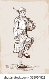  Sentry of the Royal Regiment of Scotland marching during guards change. Sketch over grunge textured background. EPS10 vector illustration.