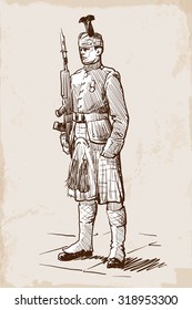Sentry of the Royal Regiment of Scotland standing during guards change. Sketch over grunge textured background. EPS10 vector illustration.