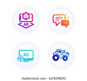Seo adblock, Augmented reality and Employees messenger icons simple set. Button with halftone dots. Tractor sign. Search engine, Phone simulation, Speech bubble. Farm transport. Technology set. Vector