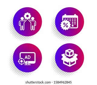 Seo adblock, Employees teamwork and Calendar discounts icons simple set. Halftone dots button. Packing boxes sign. Search engine, Collaboration, Shopping. Delivery package. Business set. Vector