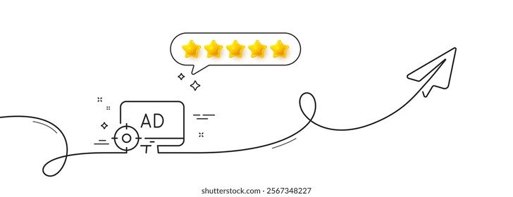 Seo adblock line icon. Continuous line with share plane. Search engine optimization sign. Target symbol. Five star rate review in speech bubble. Seo adblock single line ribbon. Vector