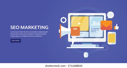 SEO advertising, Digital marketing, Website SEO, Promotional contents - flat design vector banner with icons and texts
