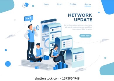 Seo Agency Blog for Communicate with Loudspeaker symbol or Megaphone as Media Management Message. Digital Marketing, Social Press for Teams. Flat Isometric Concept Social Media Vector Illustration.