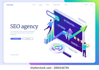 SEO agency isometric landing page. Tiny analysts characters and huge tablet pc desktop search engine optimization technology for internet marketing and digital business content, 3d vector web banner