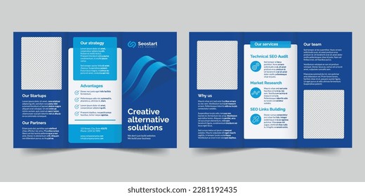 SEO Agency trifold brochure template. A clean, modern, and high-quality design tri fold brochure vector design. Editable and customize template brochure