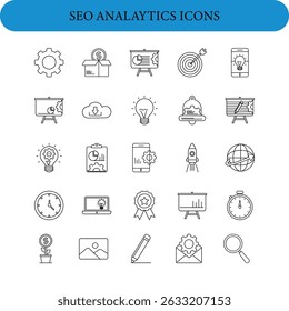 Conjunto de iconos de esquema de análisis SEO.
