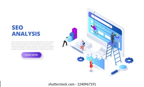 Seo analyses and optimization design concept with people. Isometric vector illustration. Landing page template for web.