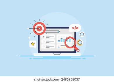 Análisis SEO, Agregar código SEO en el Sitio web, Optimización de posicionamiento SEO, SEO de Sitio web, marketing de Palabra clave objetivo - Ilustración vectorial con íconos