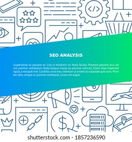 Banner de análisis SEO en estilo de línea con lugar para texto. Afiche de marketing digital con símbolos de optimización de motores de búsqueda. Ilustración vectorial.
