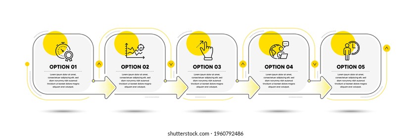 Seo analysis, Best result and Touchscreen gesture line icons set. Timeline process flowchart. Waiting sign. Targeting chart, Timer award, Swipe. Service time. Technology set. Vector