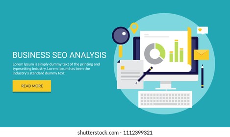 Seo analysis for Business - SEO marketing - Digital business development - Flat style vector illustration with icons and texts