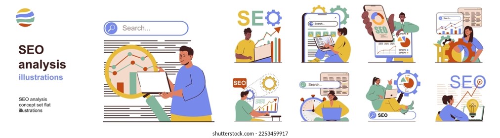 Seo-Analyse-Konzept mit Zeichenszenarien-Sammlung. Viele Szenen Menschen studieren und optimieren Suchabfrage-Metriken, Schlagwörter und Website-Verkehr. Vektorgrafiken in flachem Webdesign