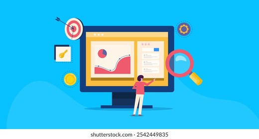 Concepto de análisis SEO, experto SEO con análisis de informes SEO, software de análisis de Sitio web, - Ilustración vectorial con personajes e íconos