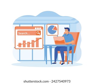 Concepto de análisis de Seo. El hombre analiza los datos, ajusta los resultados de la búsqueda, aumenta la calificación, aumenta el tráfico, trabaja en la computadora portátil. 