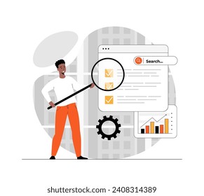 Concepto de análisis SEO. Sitio de configuración de manual para motores de búsqueda, analiza estadísticas de página web, mejora y optimización. Ilustración de la escena de personas en diseño plano para el desarrollo de sitios web móviles