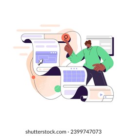 SEO analysis concept. Marketing analyst researches search results in browser. User scrolling news feed, surfing internet, explore online content. Flat isolated vector illustration on white background