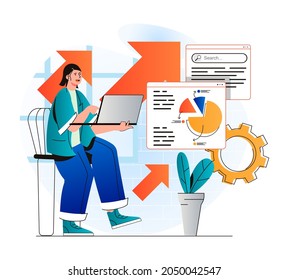 Concepto de análisis de seo en diseño plano moderno. Woman analiza los resultados de búsqueda y trabaja con infografía de datos. Marketer desarrolla una estrategia de promoción y aumenta las clasificaciones de sitios. Ilustración del vector