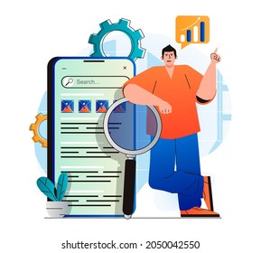 Seo Analyse Konzept in modernem Flachdesign. Man analysiert Suchergebnisse und Ranglisten, entwickelt Werbestrategien, optimiert Schlagwörter, erhöht den Verkehr und arbeitet mit Daten. Vektorgrafik