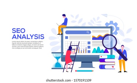 Seo analysis concept with monitor, hourglass and characters. Vector illustration. Landing page template for web and mobile.
