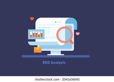SEO analysis concept, Monitoring SEO strategy performance, SEO Competitor analysis, generating marketing report - flat design vector illustration