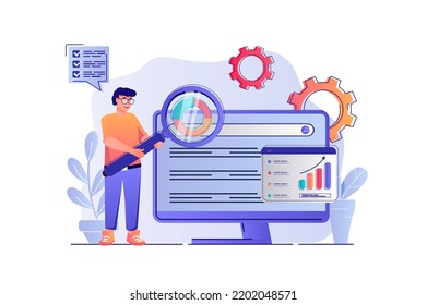 SEO analysis concept with people scene. Man settings site for search engines, analyzes statistics of web page, improvement and optimization. Vector illustration with characters in flat design for web
