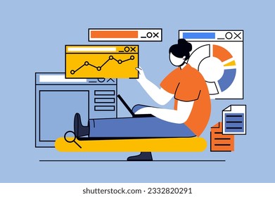 SEO analysis concept with people scene in flat design for web. Woman working with data, optimization and target for rating and traffic. Vector illustration for social media banner, marketing material.