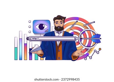 Seo analysis concept with people scene in flat cartoon design for web. Man improves and optimizes site ranking and rating statistics. Vector illustration for social media banner, marketing material.