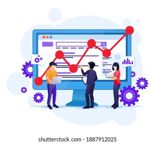 SEO Analysis Konzept mit Menschen arbeiten auf dem Bildschirm. Suchmaschinenoptimierung, Marketing und Strategiegrafik