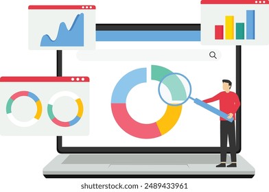 SEO analysis concept or profit and revenue, market research data analysis, business data analysis or financial reports, businessman analyst with magnifying glass analysis data on computer laptop.