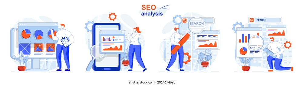 Seo analysis concept set. Analysis of search query data, business statistics. People isolated scenes in flat design. Vector illustration for blogging, website, mobile app, promotional materials.