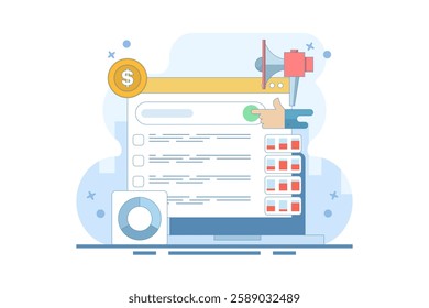 SEO Analysis Concept, SEO tool showing website statistics, and digital marketing strategy analysis with graphs and charts. Flat design vector illustration with icons.