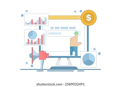 SEO Analysis Concept, SEO tool showing website statistics, and digital marketing strategy analysis with graphs and charts. Flat design vector illustration with icons.