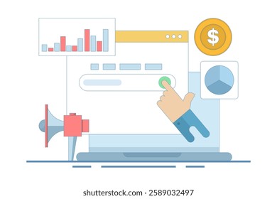 SEO Analysis Concept, SEO tool showing website statistics, and digital marketing strategy analysis with graphs and charts. Flat design vector illustration with icons.