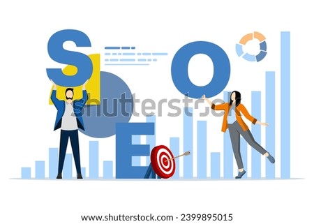 SEO analysis concept. top ranking. The SEO optimization graph is rising and the big arrow is pointing upwards. performance marketing, analytics and search engine rankings. Vector illustration.
