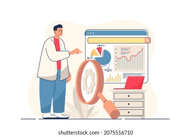 SEO analysis concept for web banner. Man optimizes site for search engines, analyzes statistics of web page modern person scene. Vector illustration in flat cartoon design with people characters