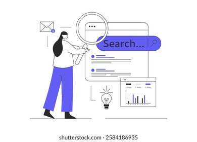 SEO analysis concept. Woman settings site for search engines, analyzes statistics of web page, improvement and optimization. Flat Cartoon Vector Illustration, icon. Stylish abstract 