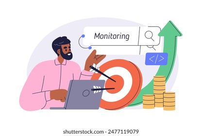 SEO analysis, digital marketing concept. Search engine optimization, analytics. Ad campaign performance, target audience data, query monitoring. Flat vector illustration isolated on white background