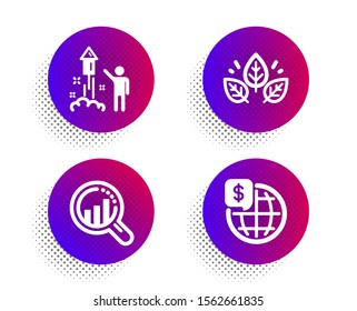 Seo analysis, Fireworks and Organic tested icons simple set. Halftone dots button. World money sign. Targeting chart, Party pyrotechnic, Bio ingredients. Global markets. Science set. Vector