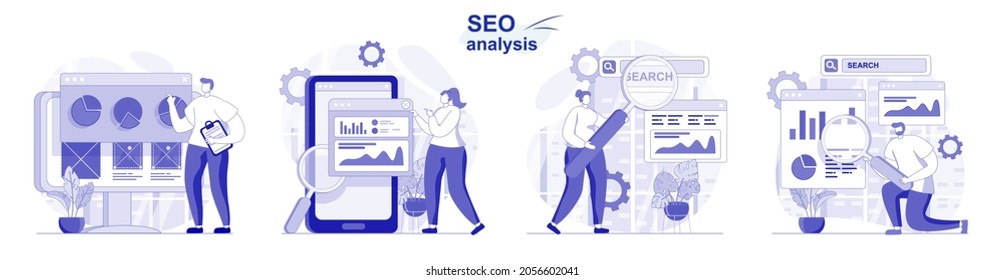 Seo analysis isolated set in flat design. People analyzing site data, optimization, develop strategy collection of scenes. Vector illustration for blogging, website, mobile app, promotional materials.