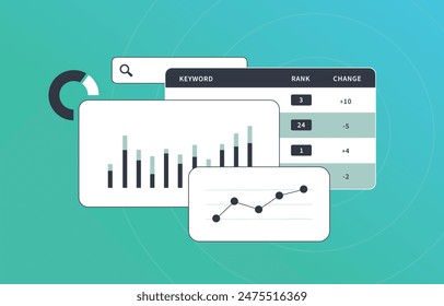 Análisis SEO con software de seguimiento de investigación de Palabra clave, análisis de backlinks, optimización de motores de búsqueda. Análisis de la competencia y métricas de rendimiento de ranking seo. Ilustración vectorial sobre fondo verde