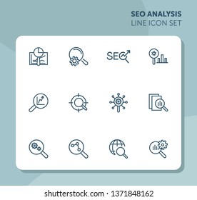 SEO analysis line icon set. Magnifier glass, graph, gear. Marketing concept. Can be used for topics like data analytics, research, business