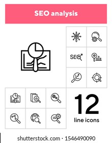 SEO analysis line icon set. Magnifier glass, graph, gear. Marketing concept. Can be used for topics like data analytics, research, business