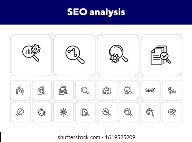 SEO analysis line icon set. Magnifier glass, graph, gear. Marketing concept. Can be used for topics like data analytics, research, business