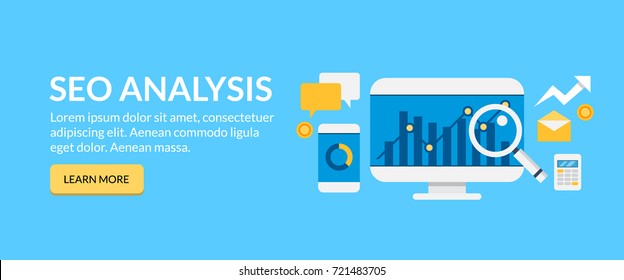 SEO analysis, market research. web analytics flat vector banner