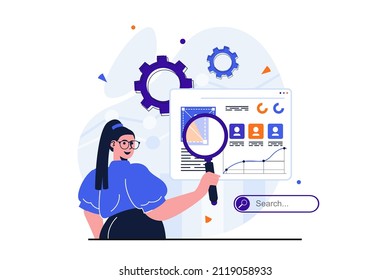 Seo analysis modern flat concept for web banner design. Woman with magnifier analyzes search results and marketing research, promotes site rating. Vector illustration with isolated people scene