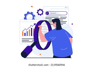 Análisis Seo concepto plano moderno para el diseño de banners web. Mujer con amplificador estudia datos de búsquedas en gráficos, optimiza y promueve sitios. Ilustración vectorial con la escena de personas aisladas