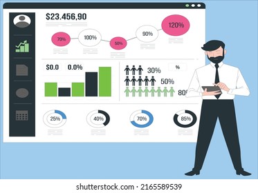 SEO analysis modern flat concept for web banner design. Man analyzes data, adjusts search results, raises rating, increases traffic, works at laptop. Vector illustration with isolated people scene