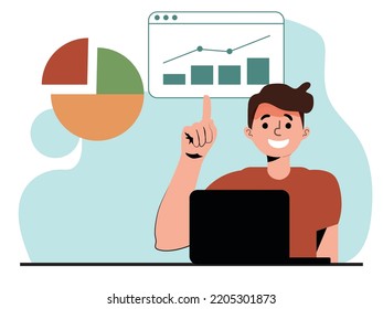 Seo analysis modern flat concept for web banner design. Man analyzes data, adjusts search results, raises rating, increases traffic, works at laptop. Vector illustration with isolated people scene.